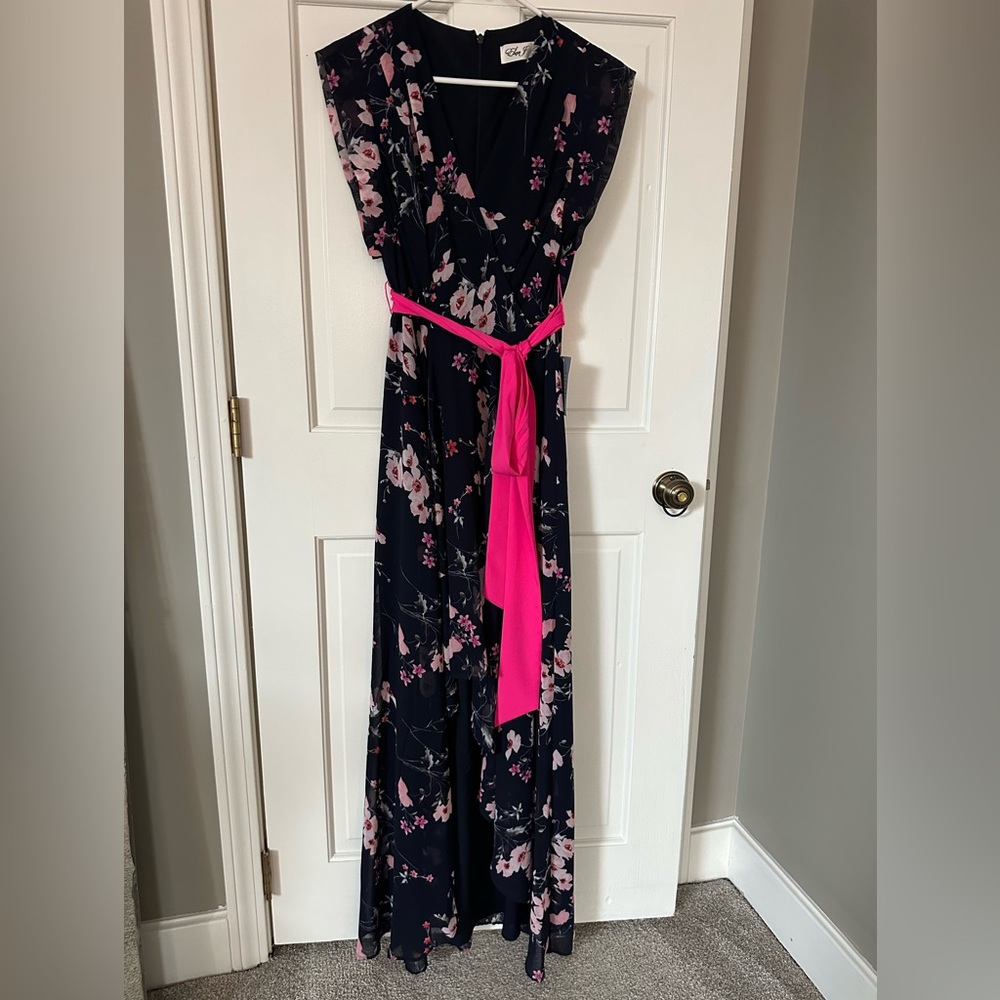 Eliza J Floral High/Low Maxi Dress, Navy Blue, pink and white flowers, size 4
